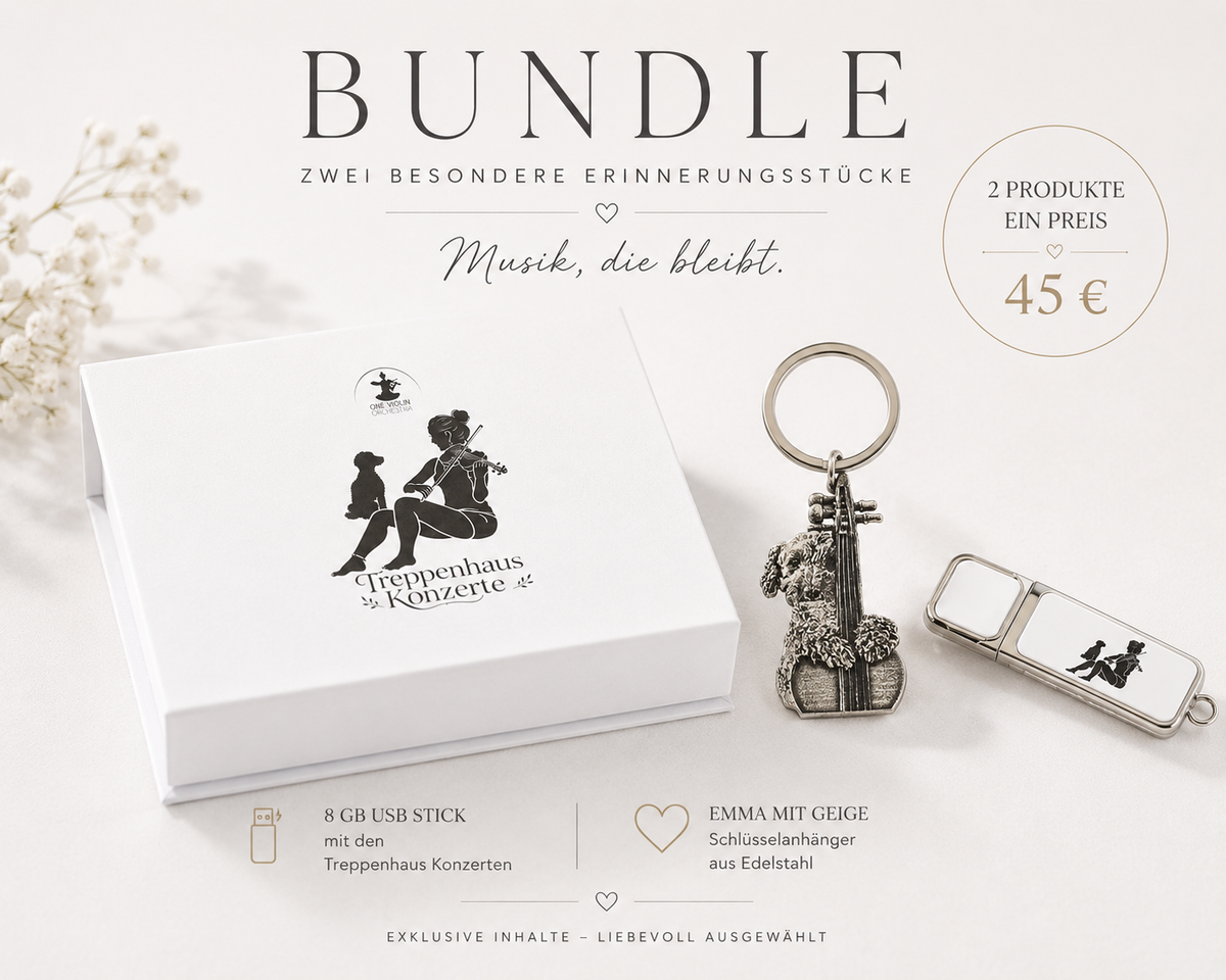 Bundle One Violin Orchestra: 8 GB USB-Stick mit den Treppenhaus Konzerten und Schlüsselanhänger Emma mit Geige, zwei Produkte für 45 Euro